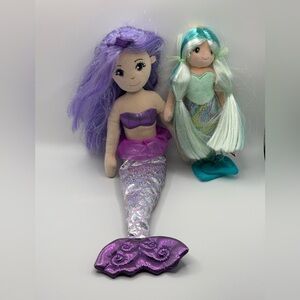 Lot Of Two Mermaid Dolls Plush Aurora 17” Lavender Hair & Douglas 10” Teal Hair